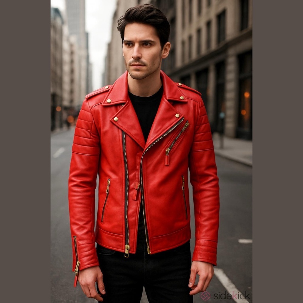 INFINITY Men's Bold Red Lambskin Leather Moto Jacket size S